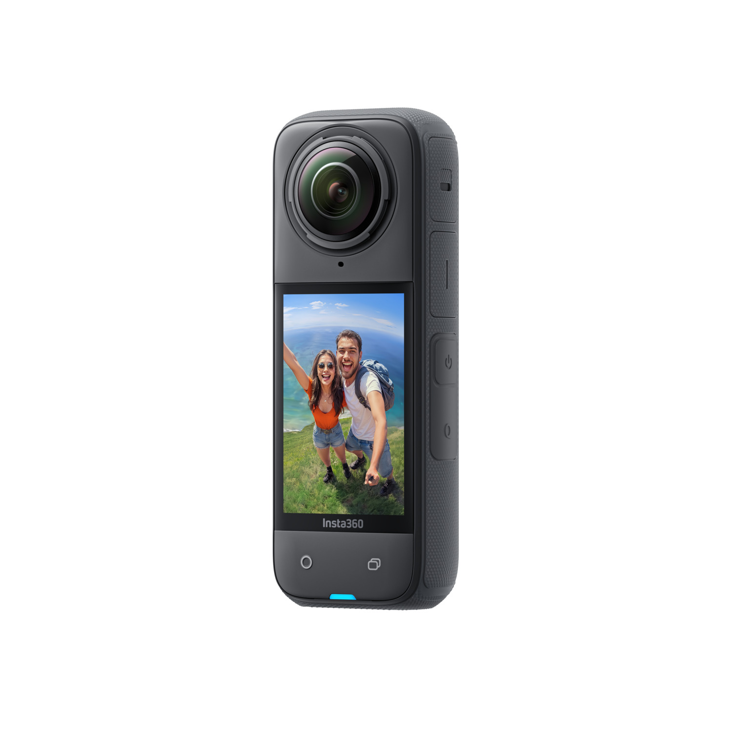 A gray Insta360 camera displays a couple on a screen. The camera is isolated on white.