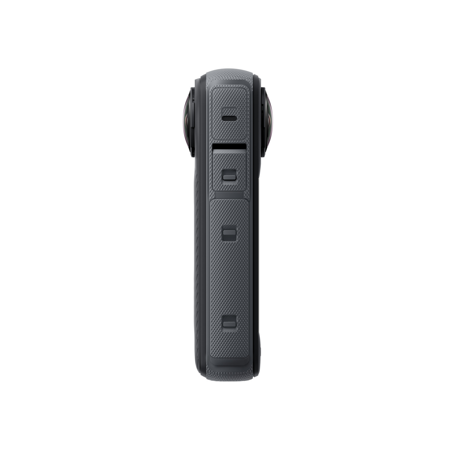 A compact, cylindrical camera with two lenses, dark gray body, and buttons on the side.