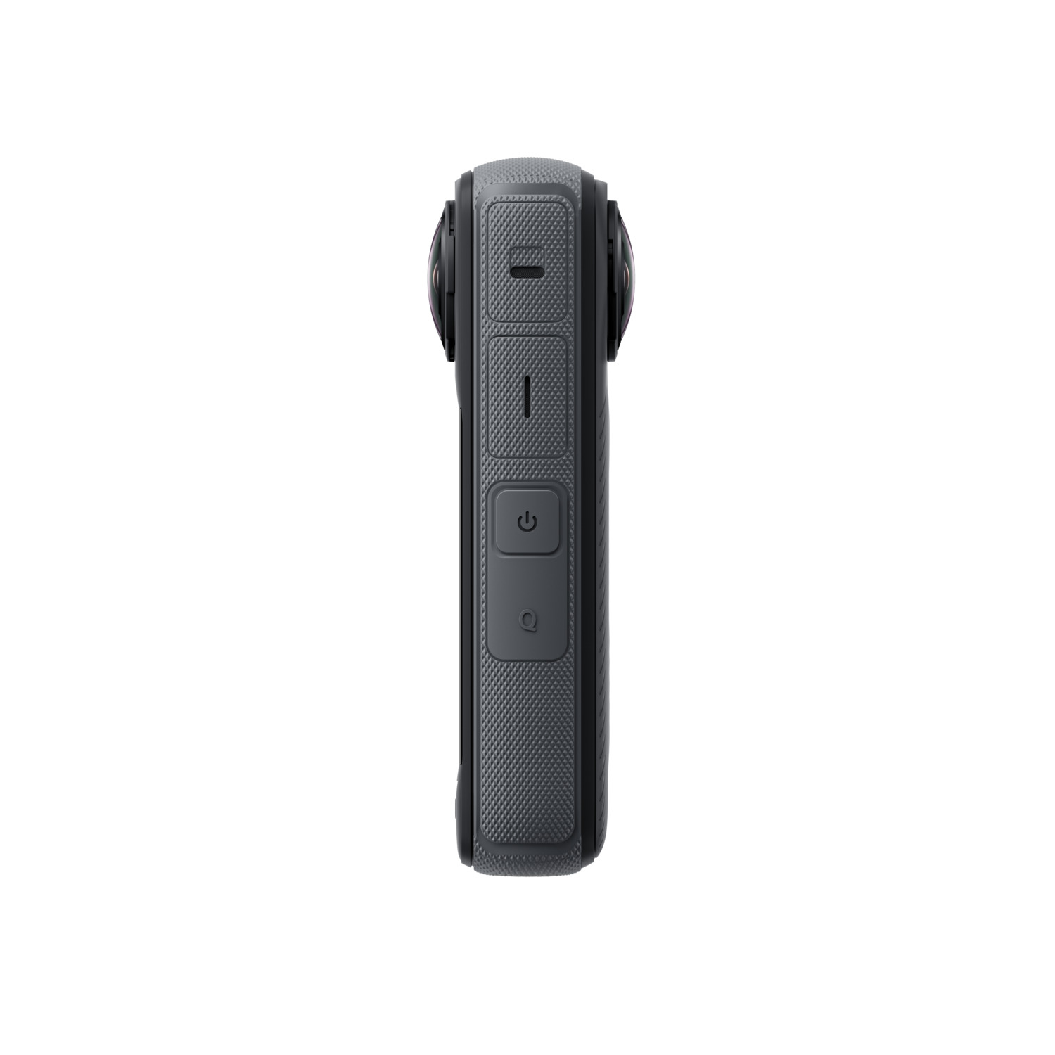 A black and grey 360-degree camera with buttons and ports, isolated on white.