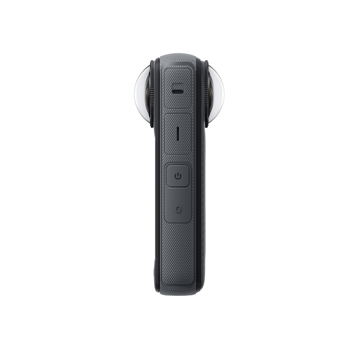 Side view of a grey Insta360 camera. Power and other buttons are visible on the right side.