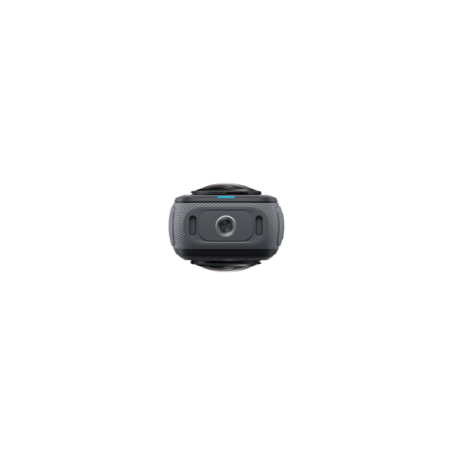 Top view of a black and gray spherical 360-degree camera against a white background.