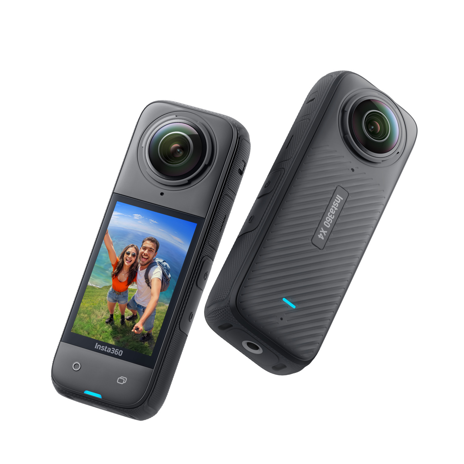 Insta360 X4 camera, two units. One showing a couple on screen, another showing the back with model name.