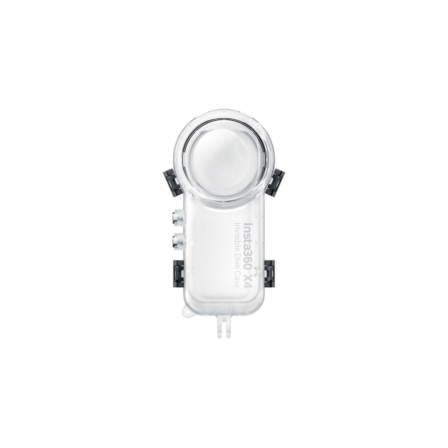 Witte Insta360 X4 Invisible Dive Case, helder, cilindrische vorm met meerdere zwarte sluitingen.