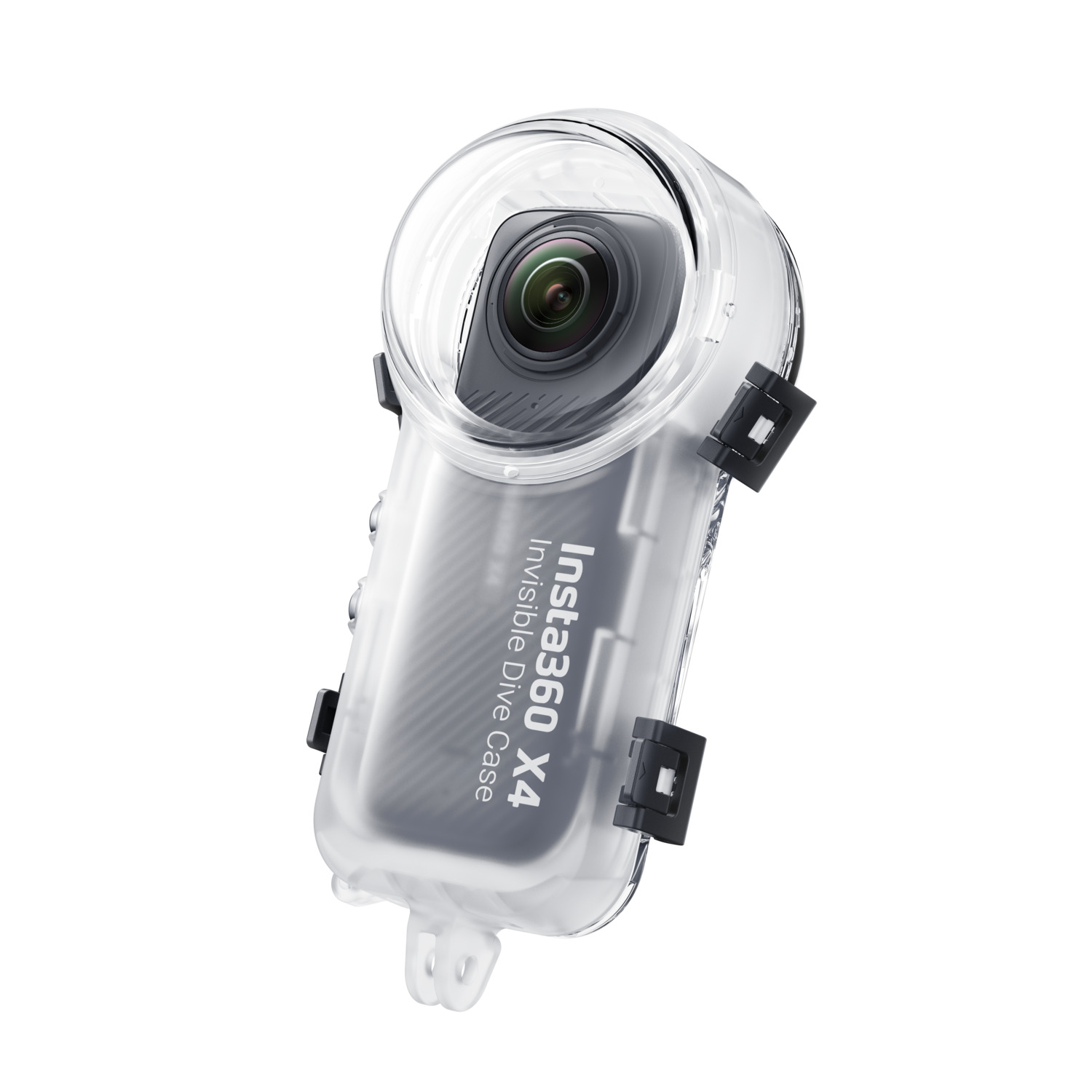 Transparante behuizing met camera. Zwarte lens in het midden. Witte achtergrond.