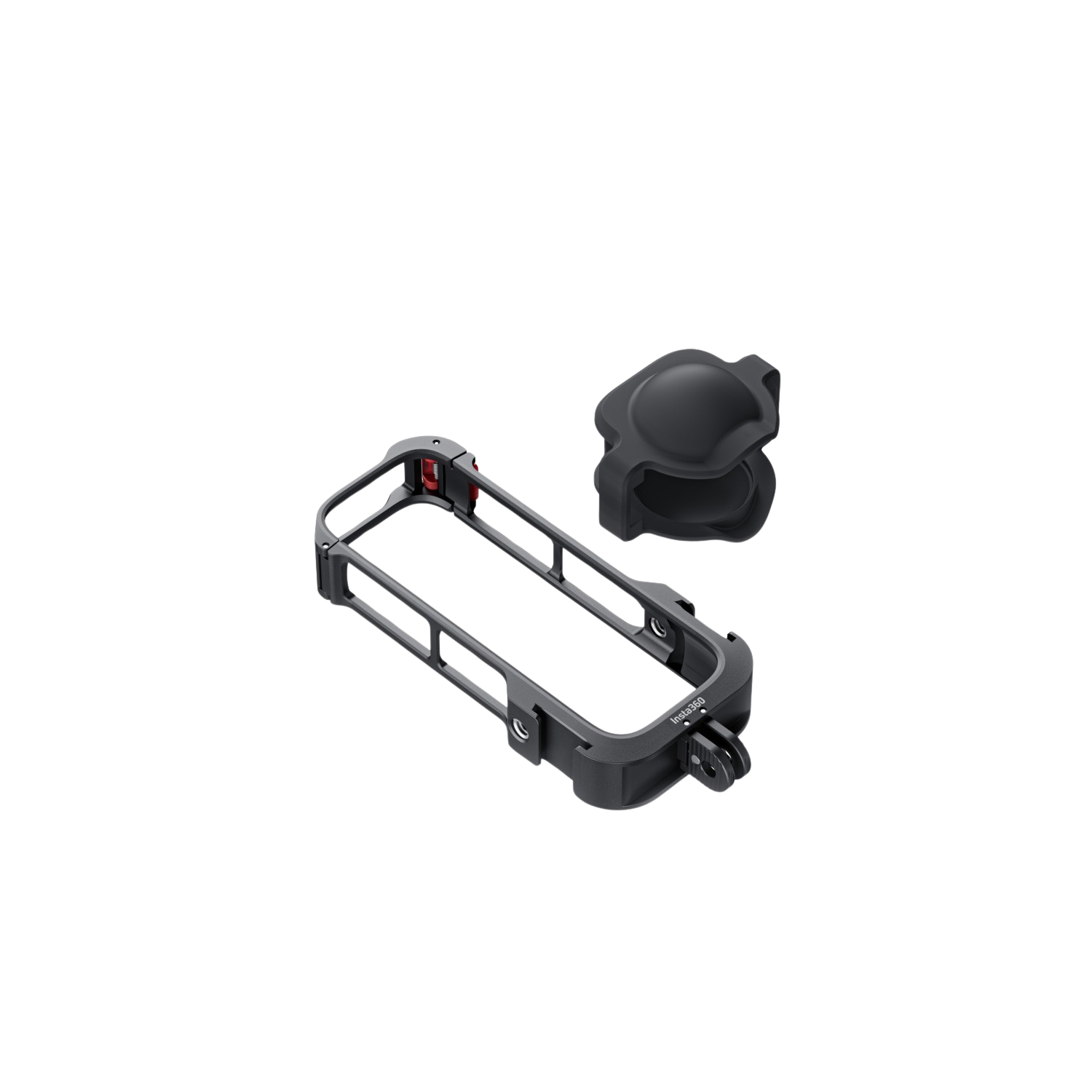 Accessoires de caméra Insta360. Cadre noir et couvercle protecteur sur fond noir.