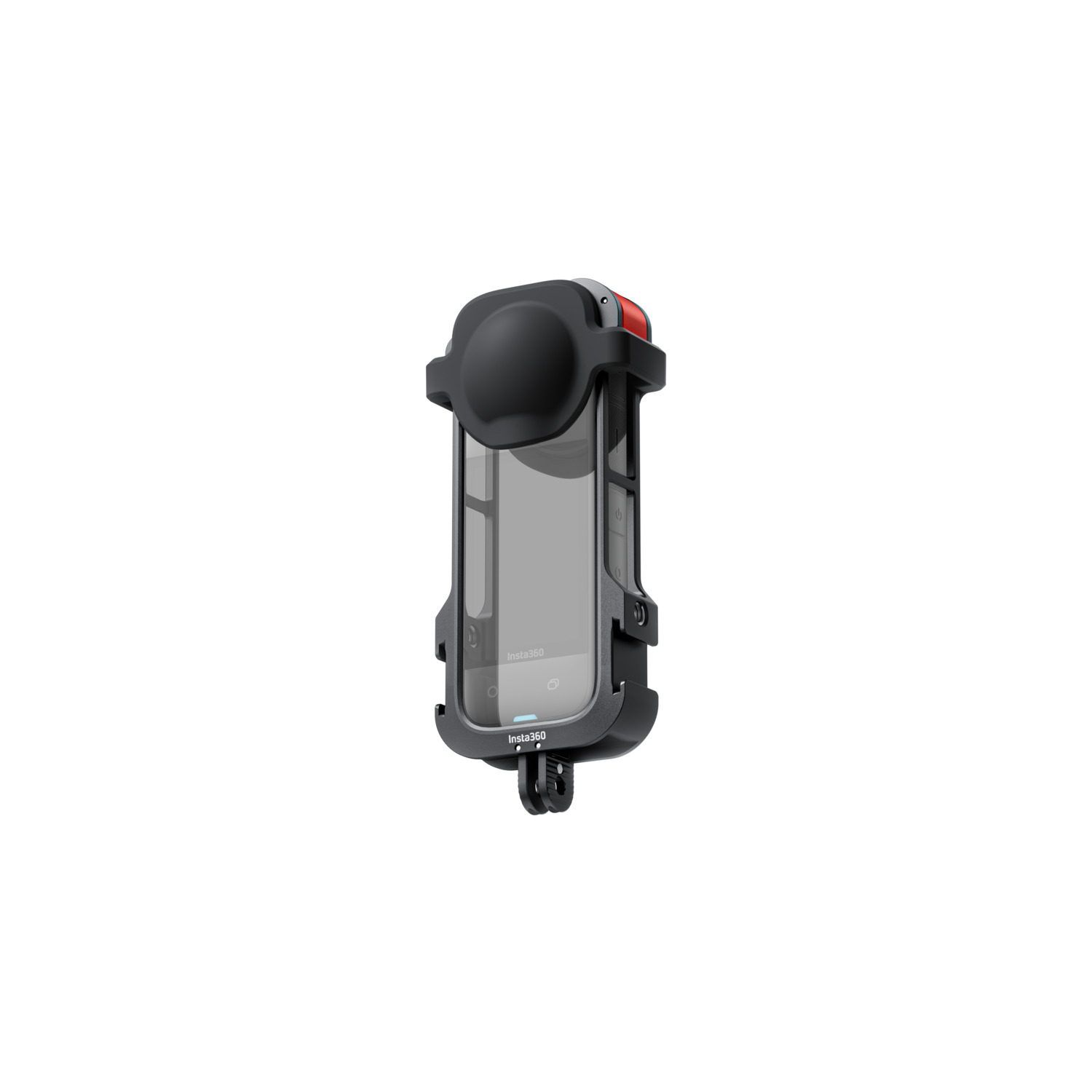 Boîtier de caméra noir avec bouton rouge, façade transparente et logo Insta360.