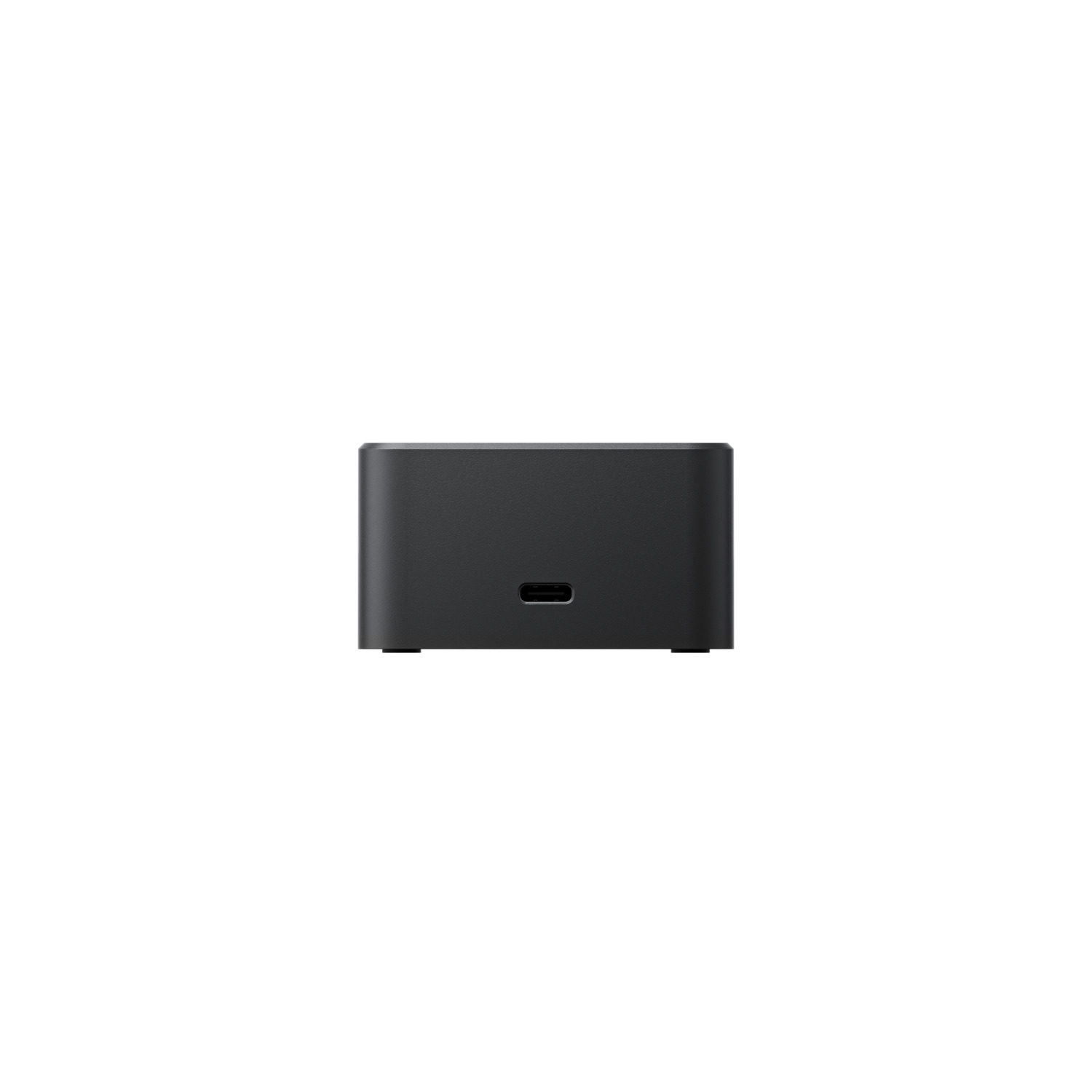Zwart rechthoekig apparaat met USB-C-poort op een witte achtergrond.