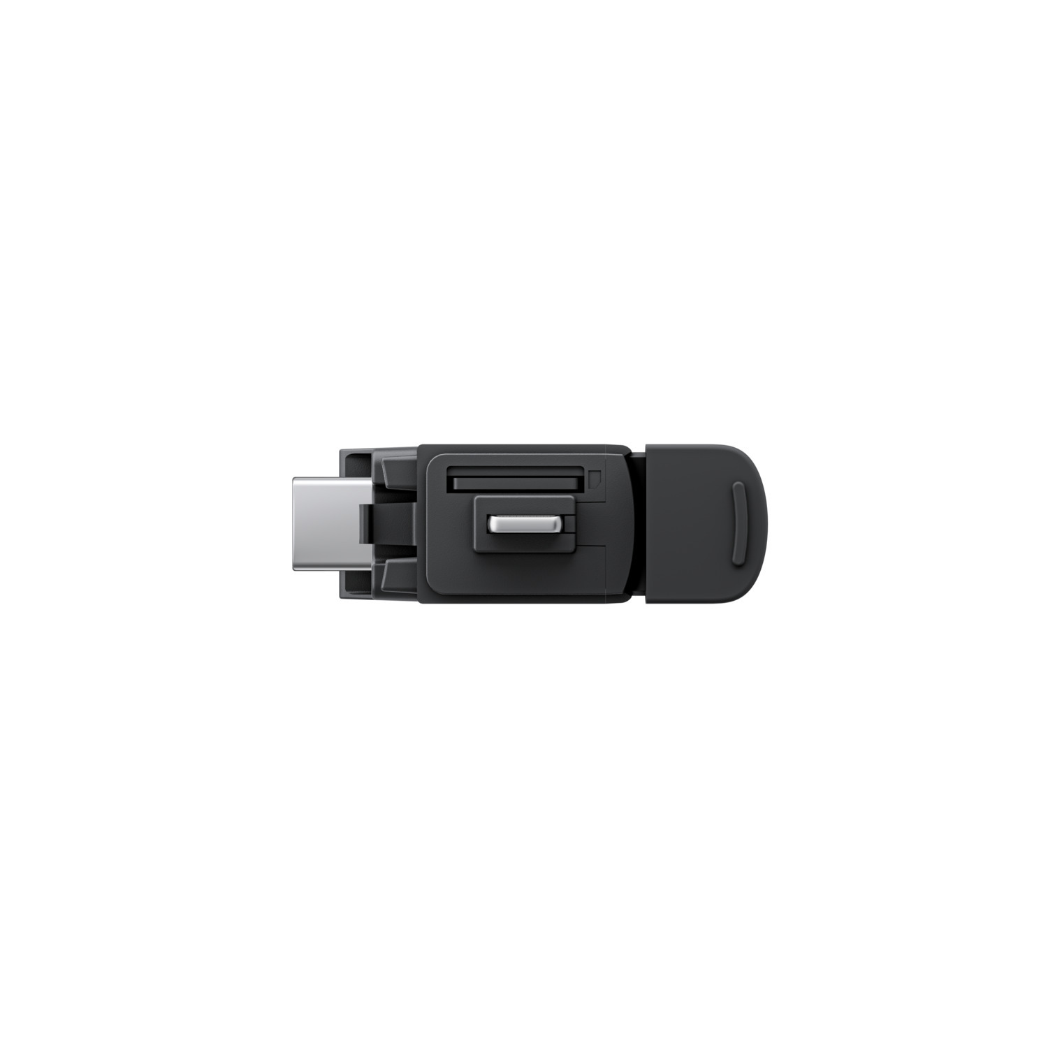 Adaptateur noir USB-C vers USB-A. Le côté USB-C est argenté.