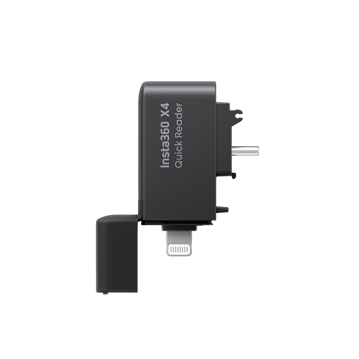 Lecteur rapide Insta360 X4 noir avec connecteur iPhone noir, fond blanc.