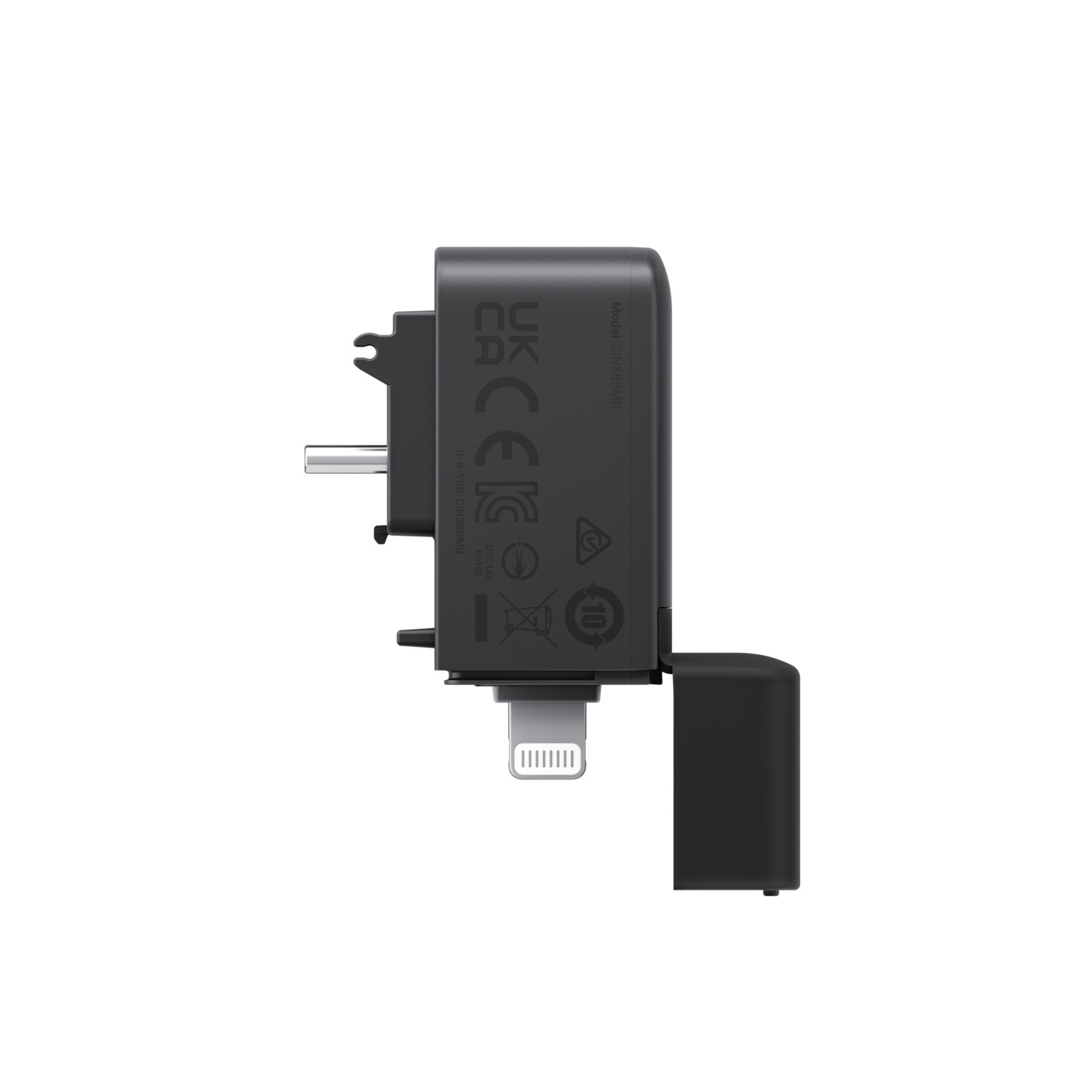 Adaptateur secteur noir avec port USB-C et prise rétractable pour prises UK/UE.