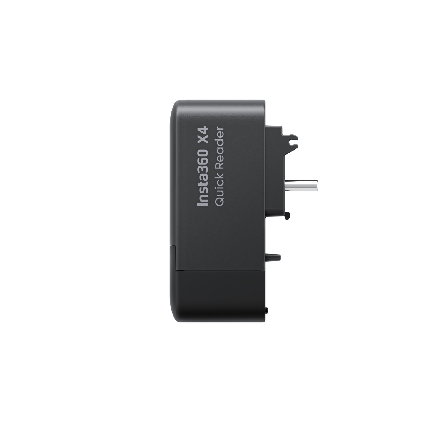 Insta360 X4 Quick Reader, noir, vue latérale, texte blanc. C'est un gadget compact.