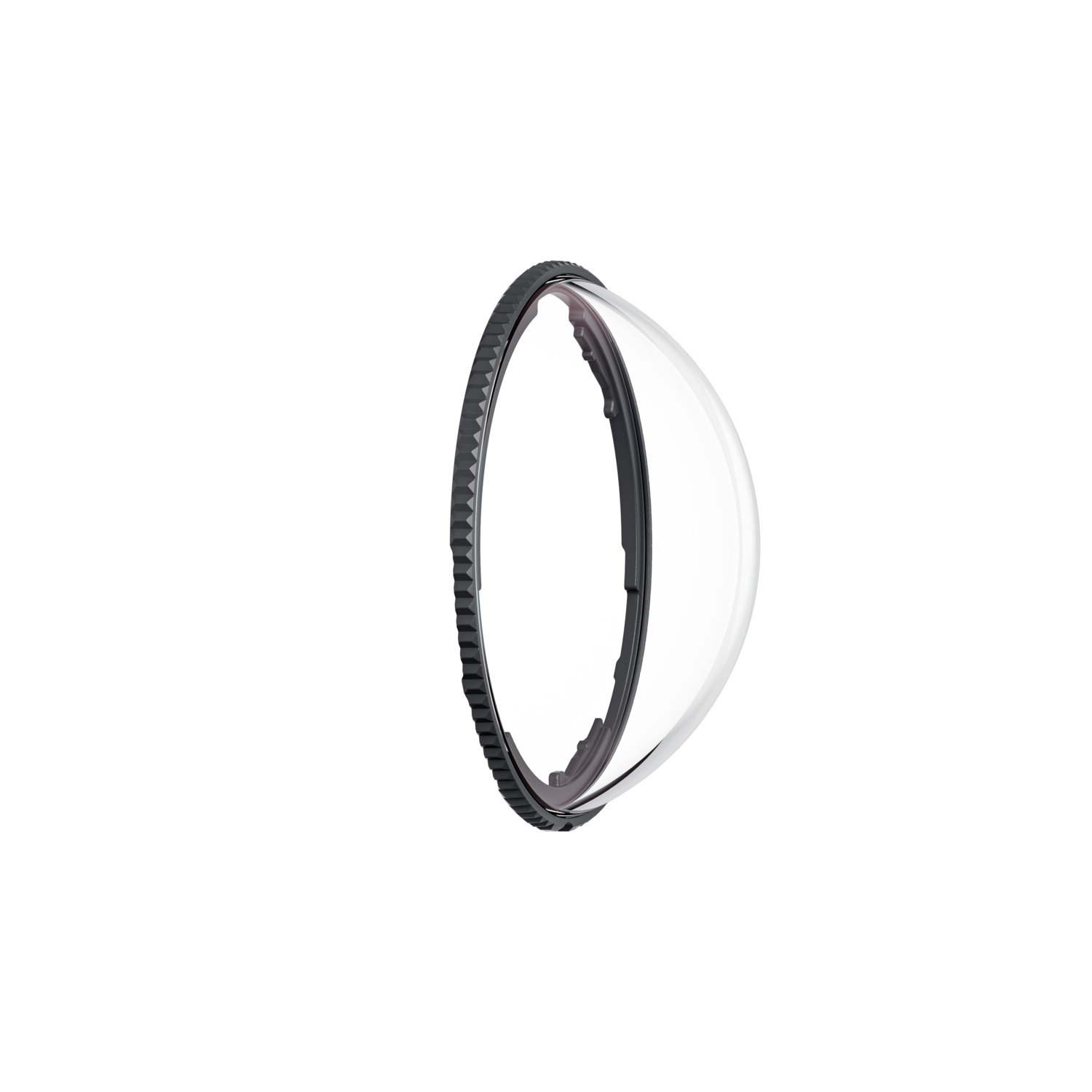 Transparante plastic lensbeschermer met zwarte rand, witte achtergrond.