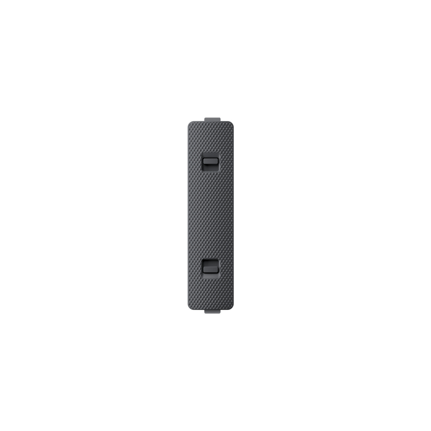 Dark grey, rectangular plastic cover with two rectangular cutouts. Isolated on a white background.