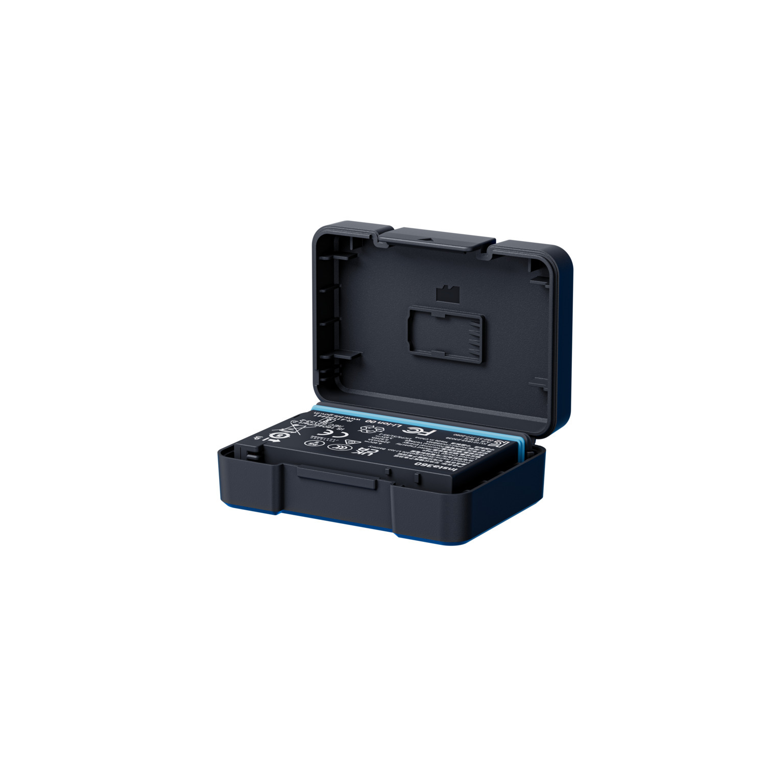 Black battery pack inside a black case, open, with blue label.