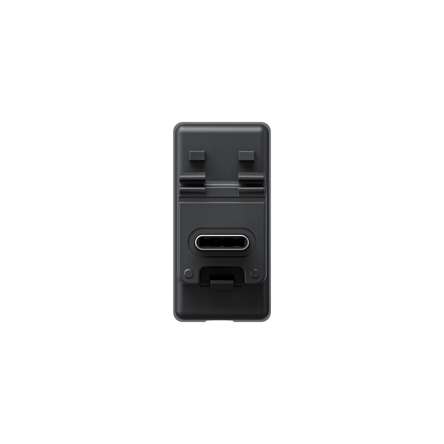 Appareil rectangulaire noir avec port USB-C et rainures, avec fond blanc.