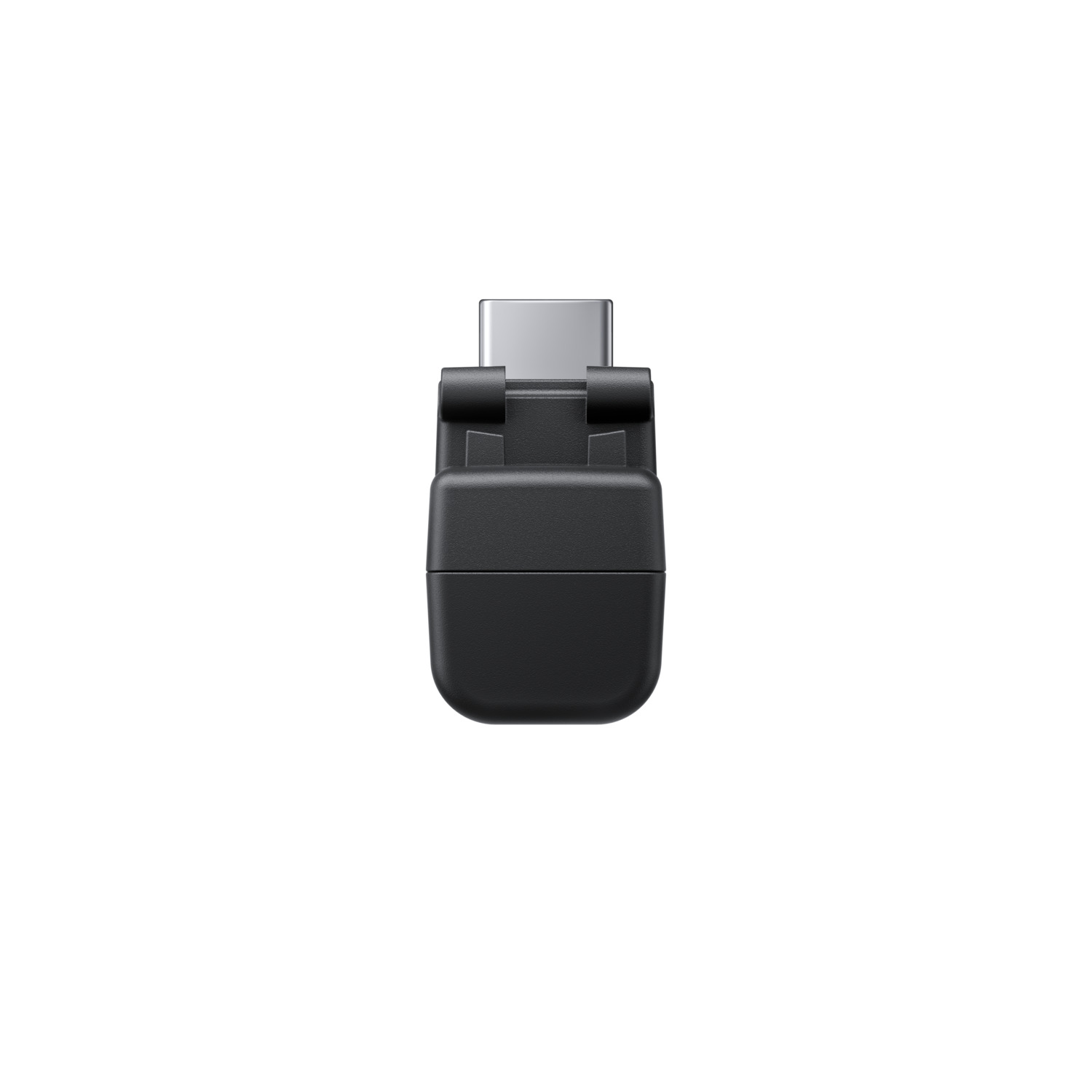 Un adaptateur USB-C noir, vu de côté. Il est sur un fond blanc.