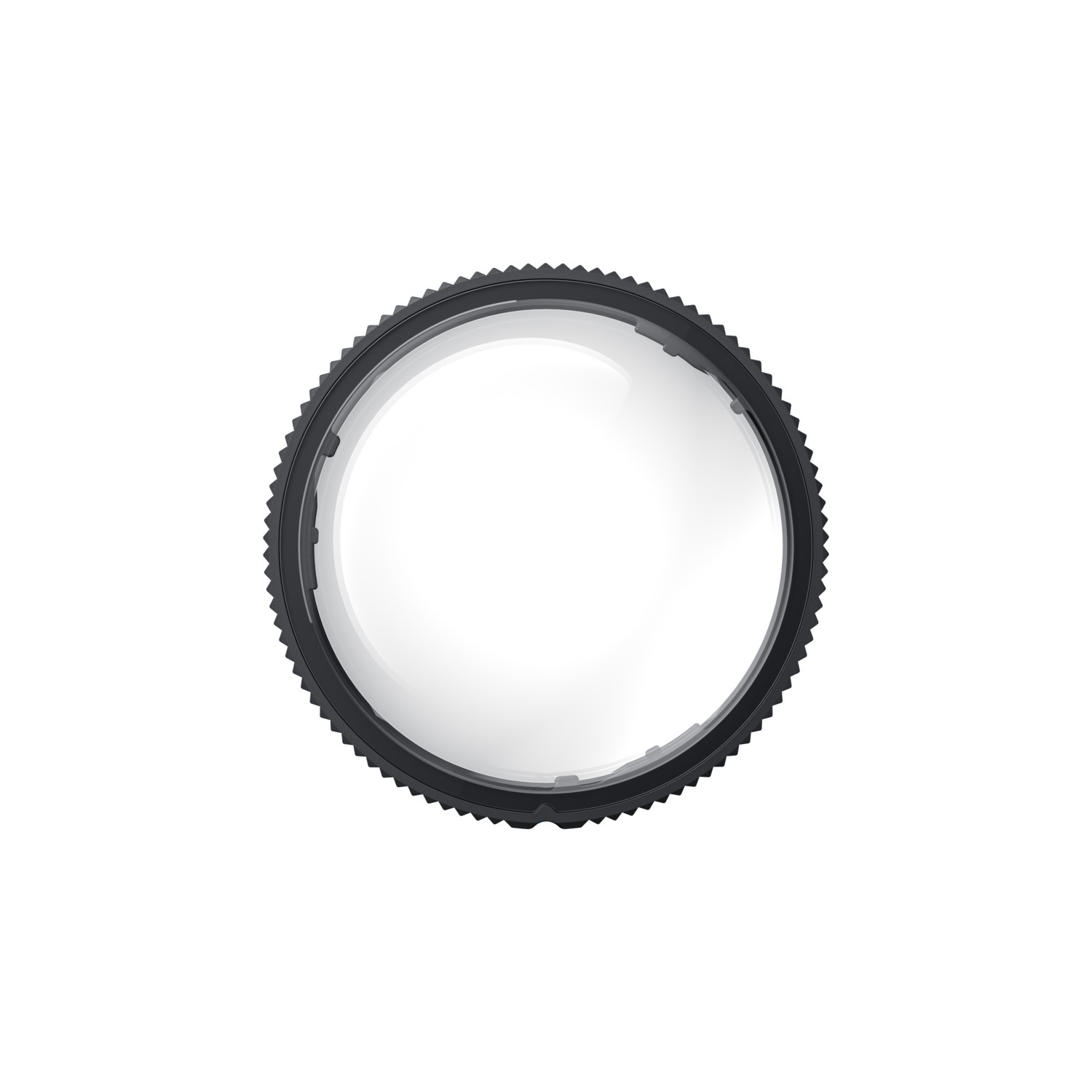 Een lensfilter met een zwarte ring en een helder glazen midden. De filter staat op een witte achtergrond.