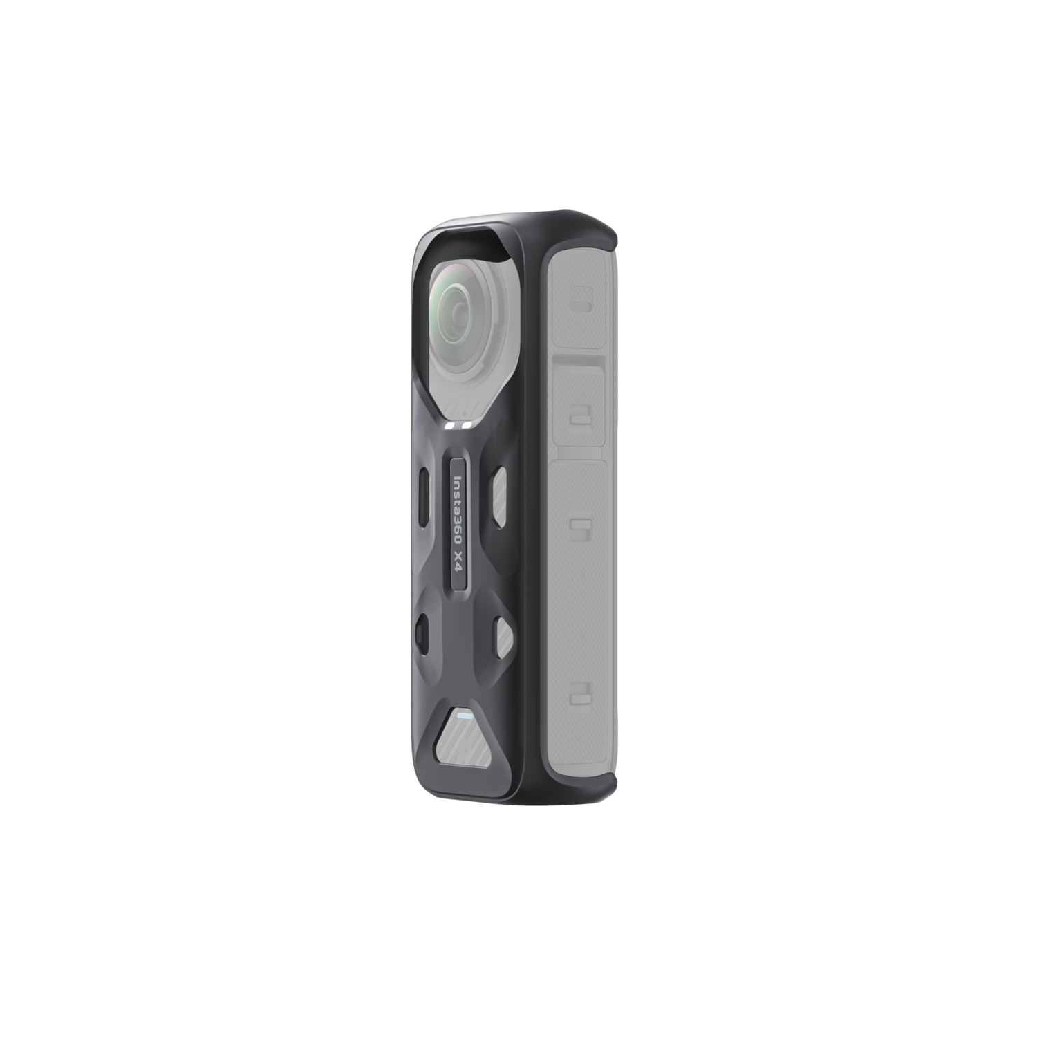 Caméra Insta360 X4 noire dans un étui de protection, sur fond noir.