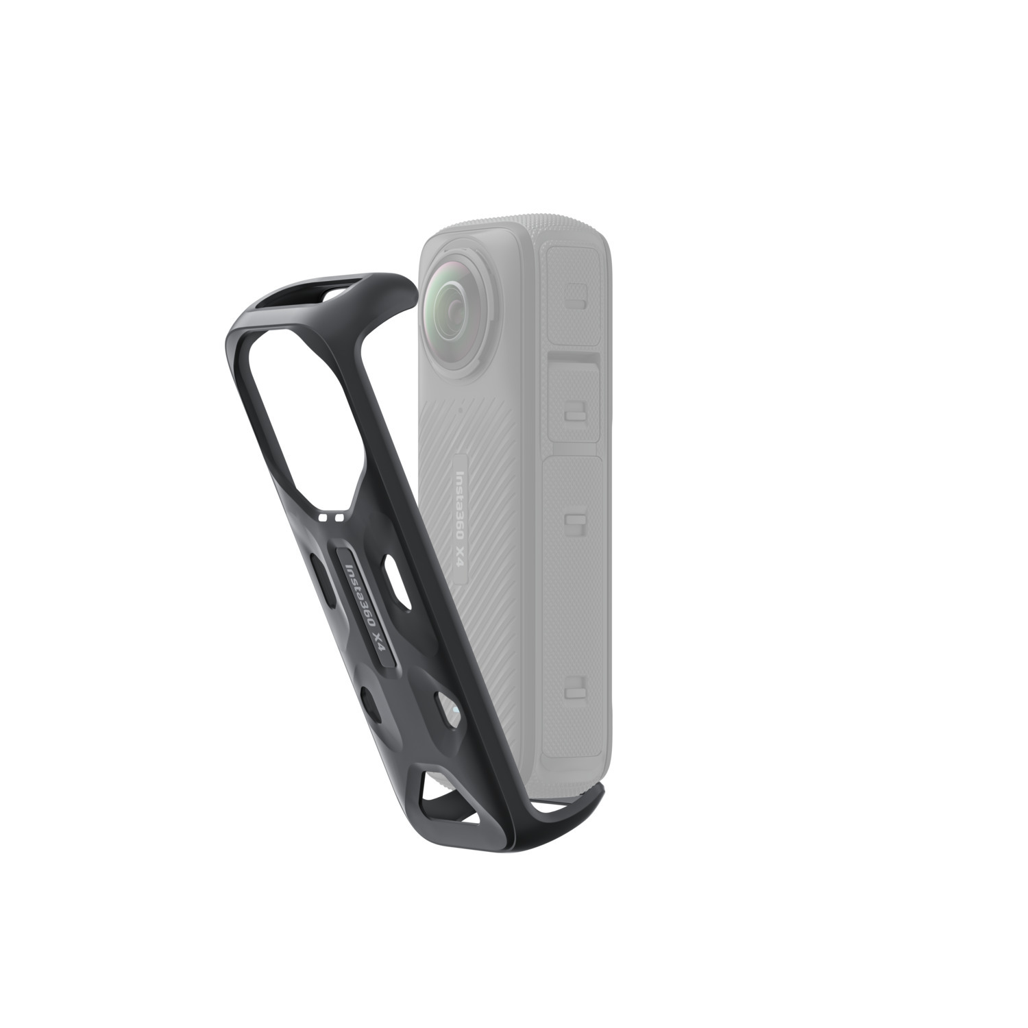 Cadre de protection noir pour une caméra 360. La caméra est grise.