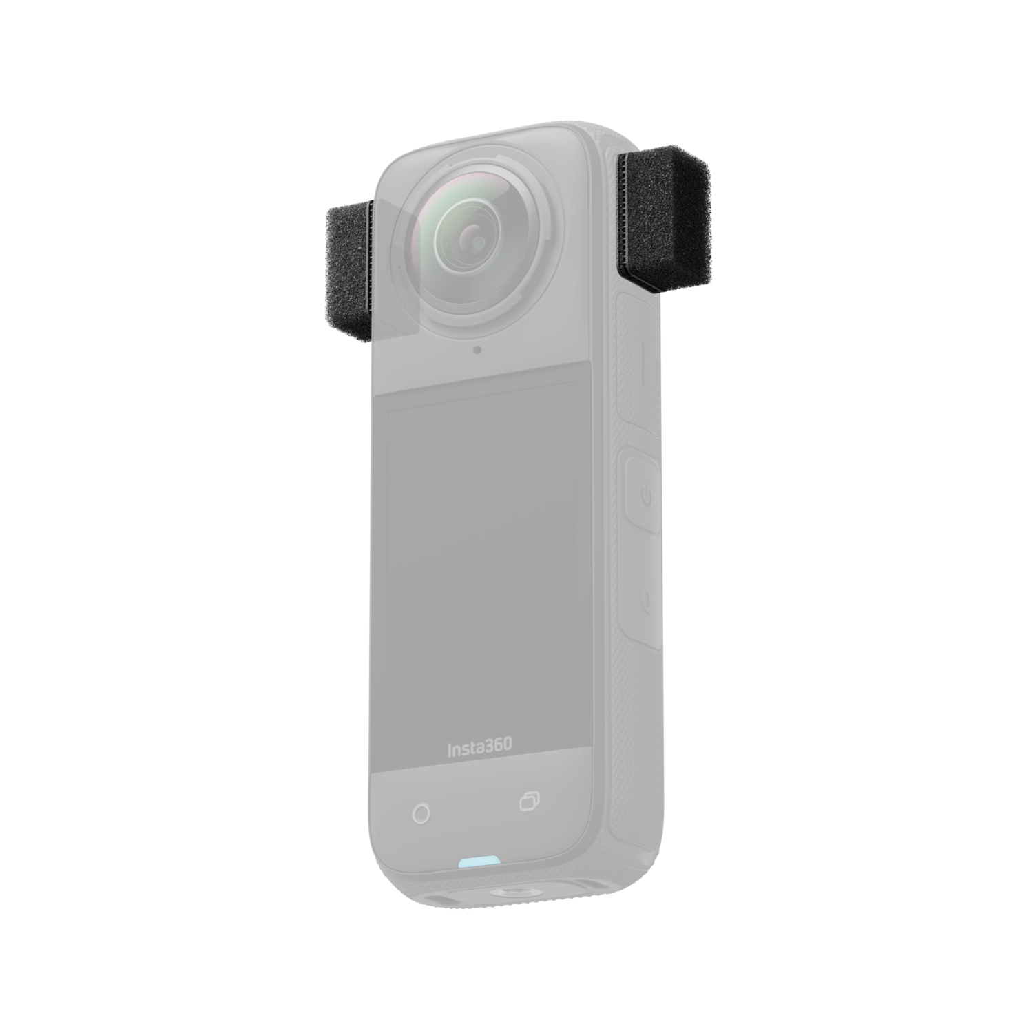 Insta360 camera met zwarte schuimkussentjes. Camera is grijs, met een scherm en knoppen.