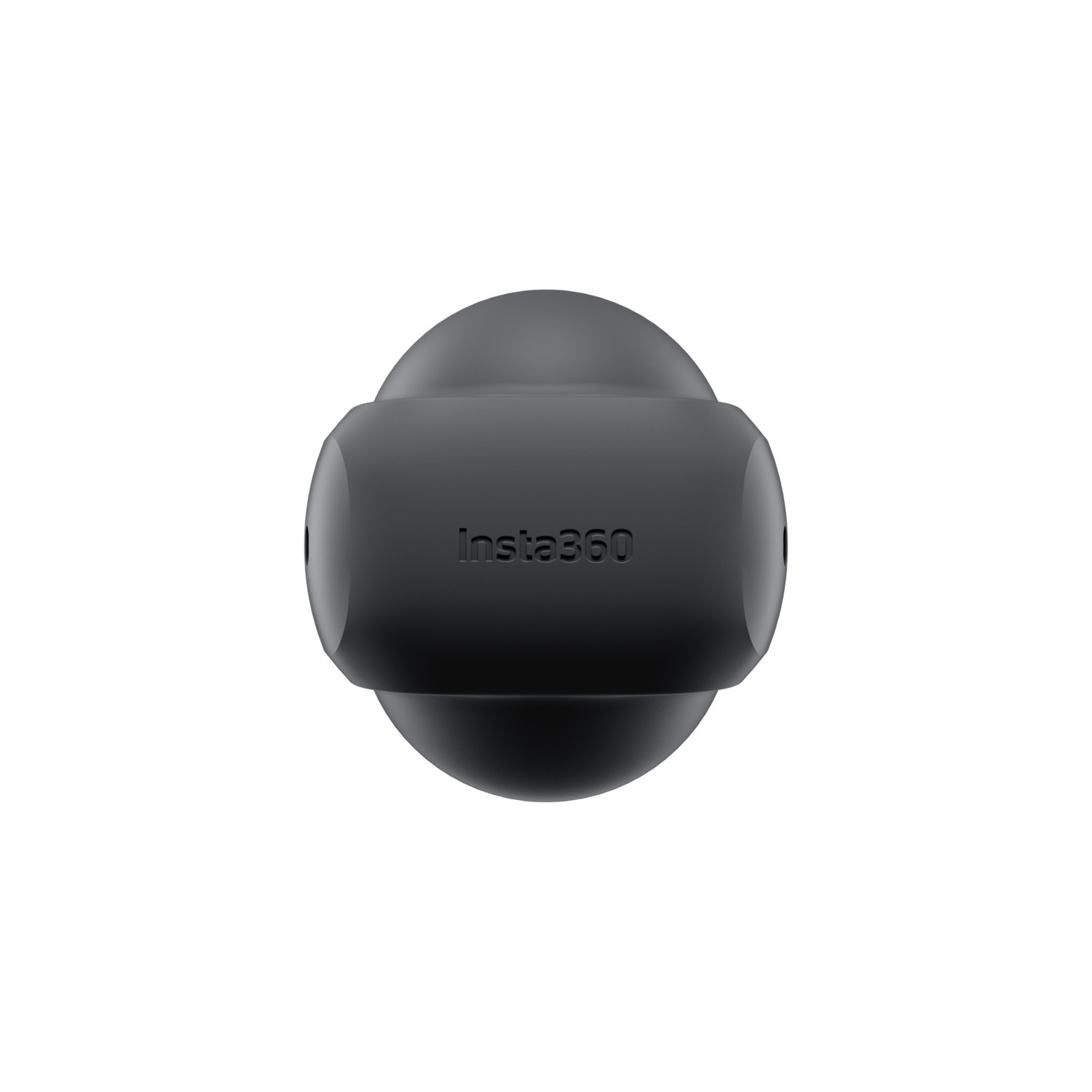 Zwarte afgeronde camera met Insta360 tekst. De camera is geïsoleerd op een witte achtergrond.