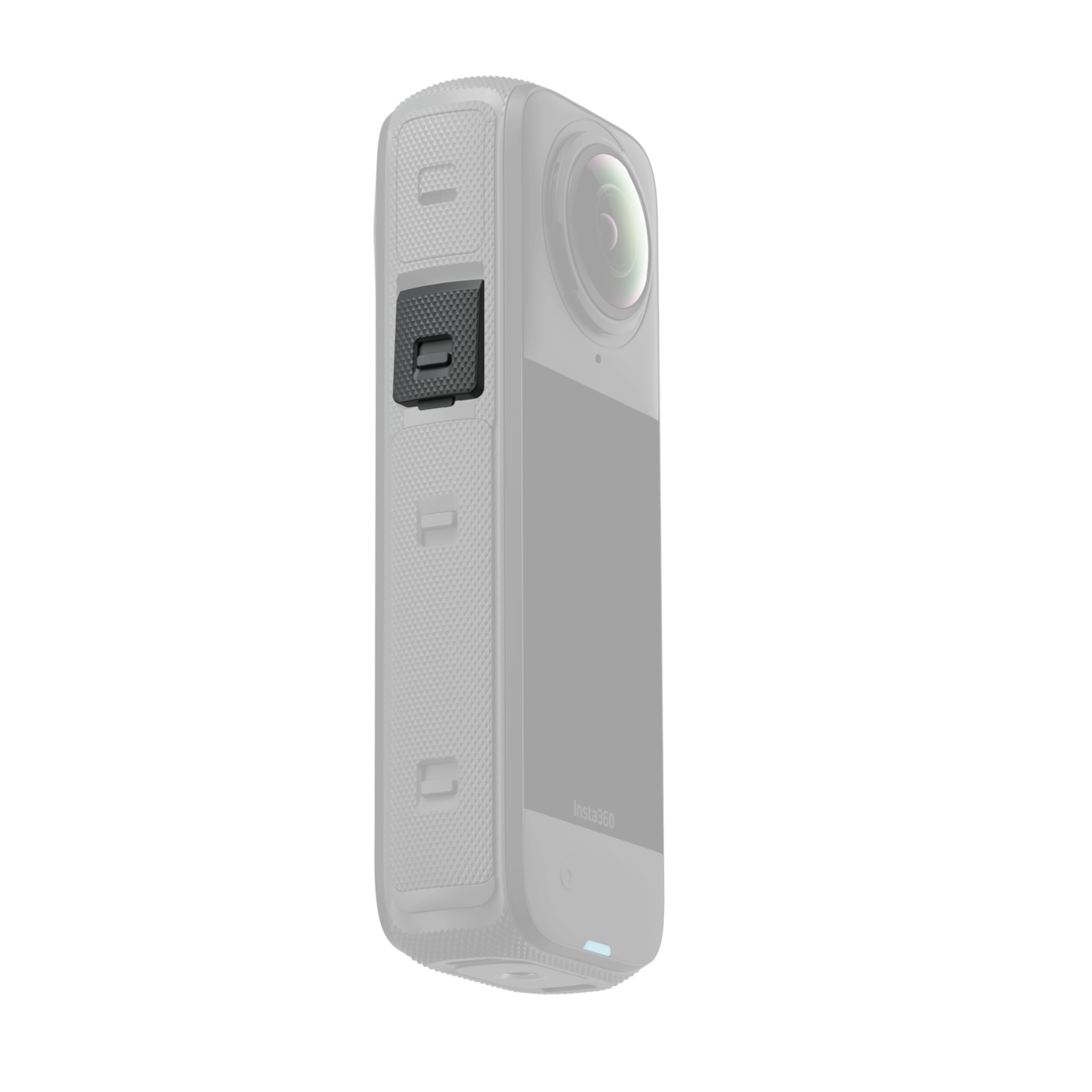 Une caméra Insta360 grise sur fond noir. La caméra a un objectif, un petit écran et des boutons.