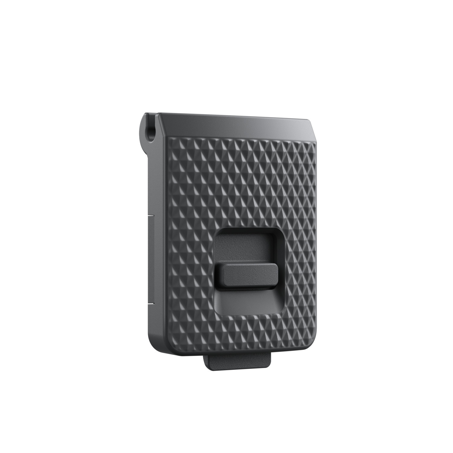Un petit accessoire gris foncé texturé avec un bouton et un clip de montage.