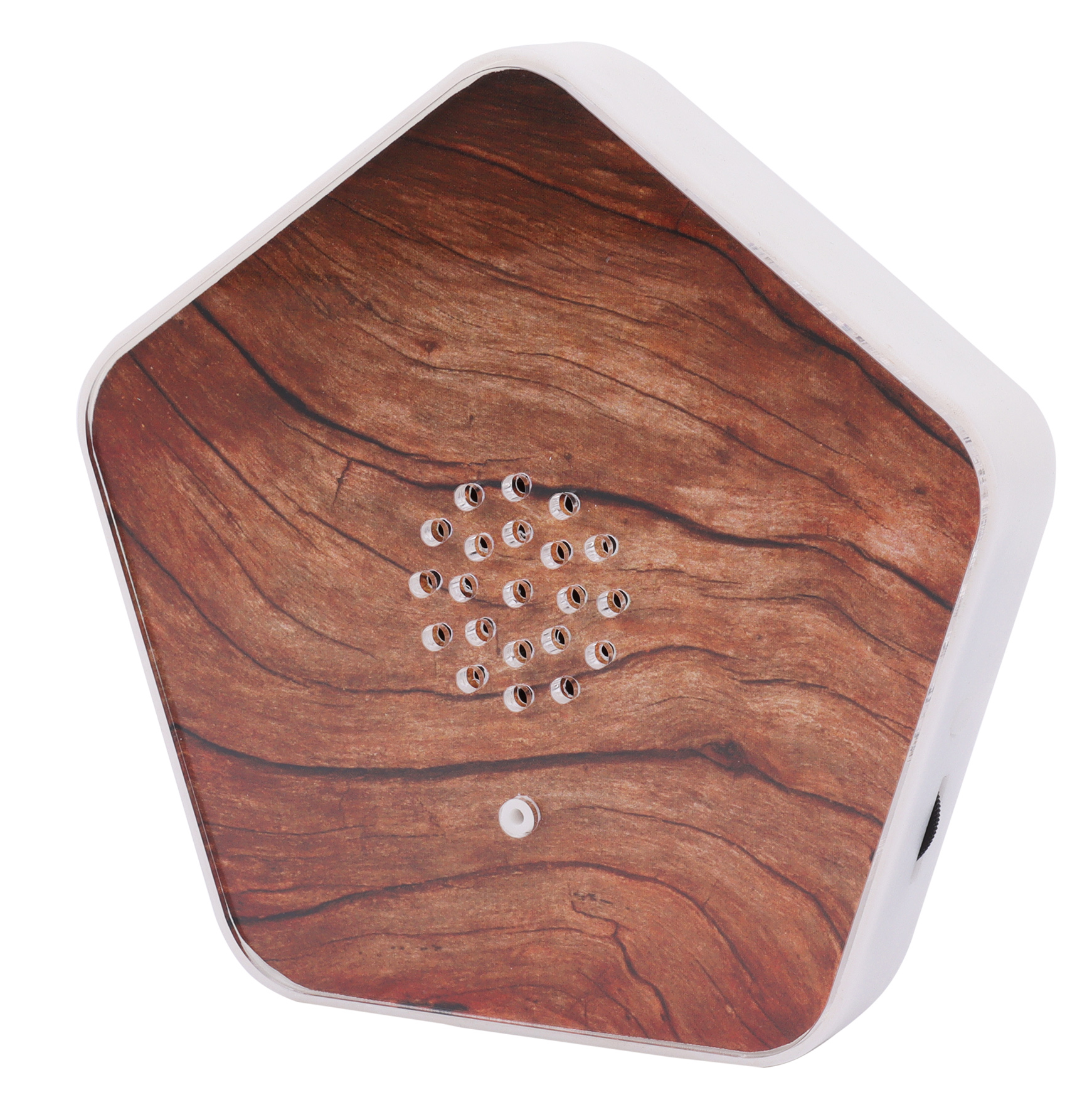 Lautsprecher mit Holzmaserung und weißem Rand, mit einer Reihe kleiner Löcher für den Ton.