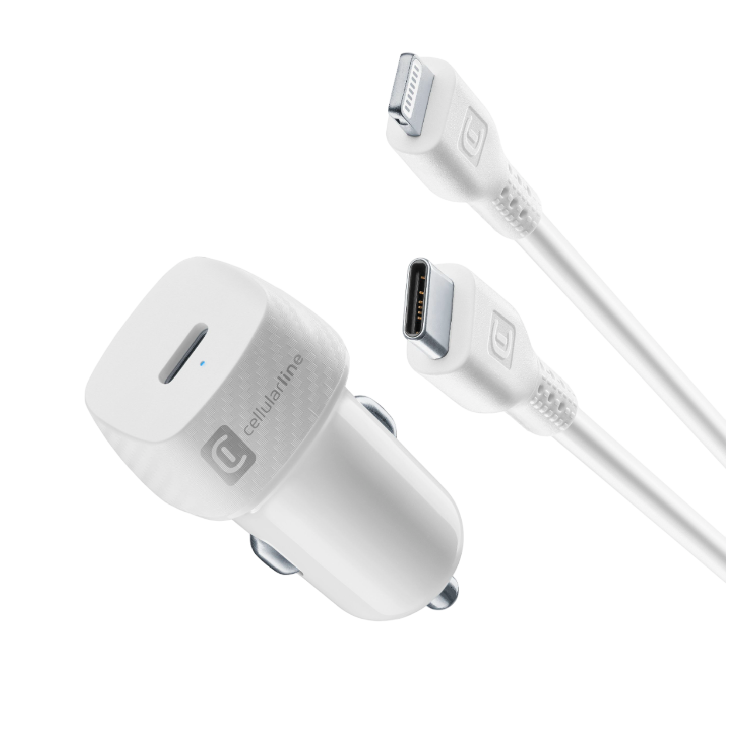 Witte autolader en twee witte oplaadkabels met USB-C en Lightning connectoren.