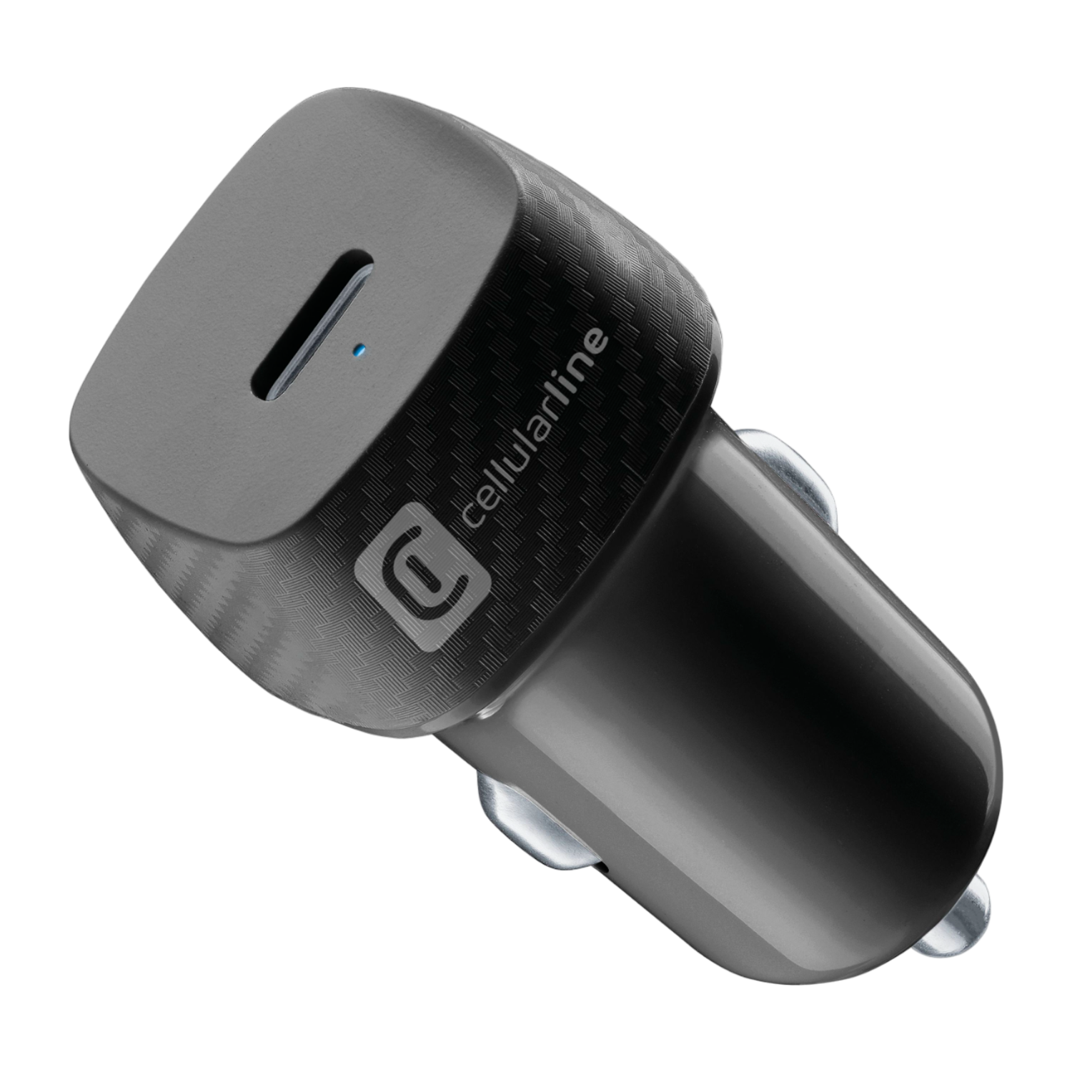 Zwarte autolader met USB-C-poort en het merk 'cellularline'.