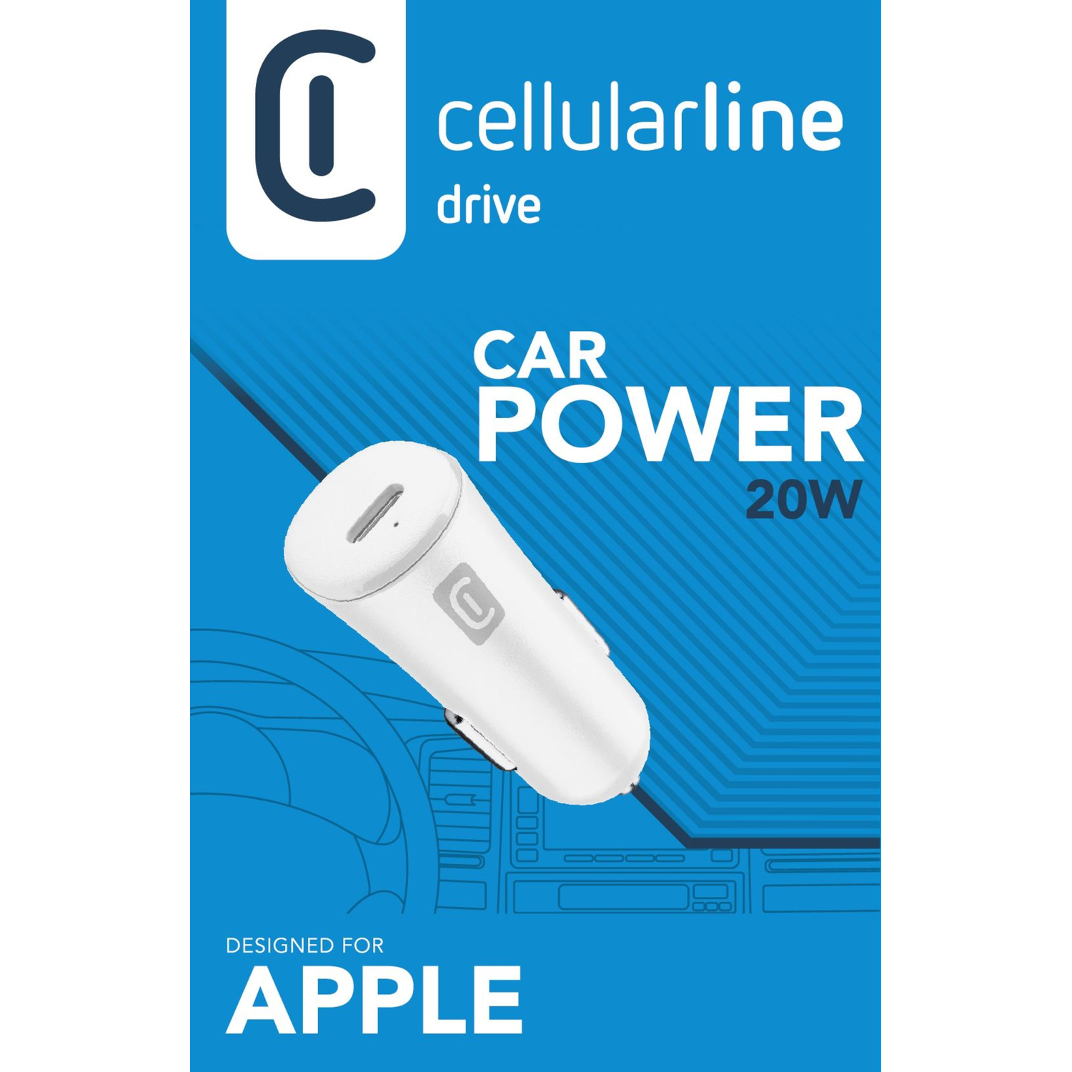 White car charger with a USB-C port. The product is designed for Apple.