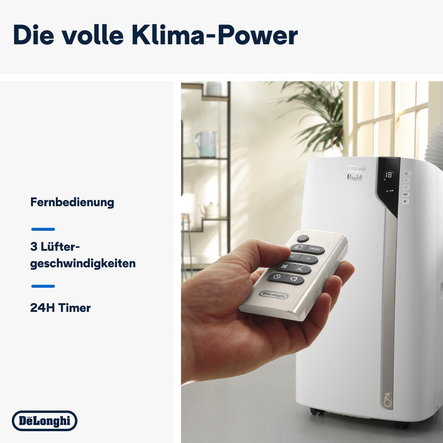 Eine Hand hält eine Fernbedienung in der Nähe eines weißen tragbaren Klimageräts. Funktionen des AC sind aufgelistet.