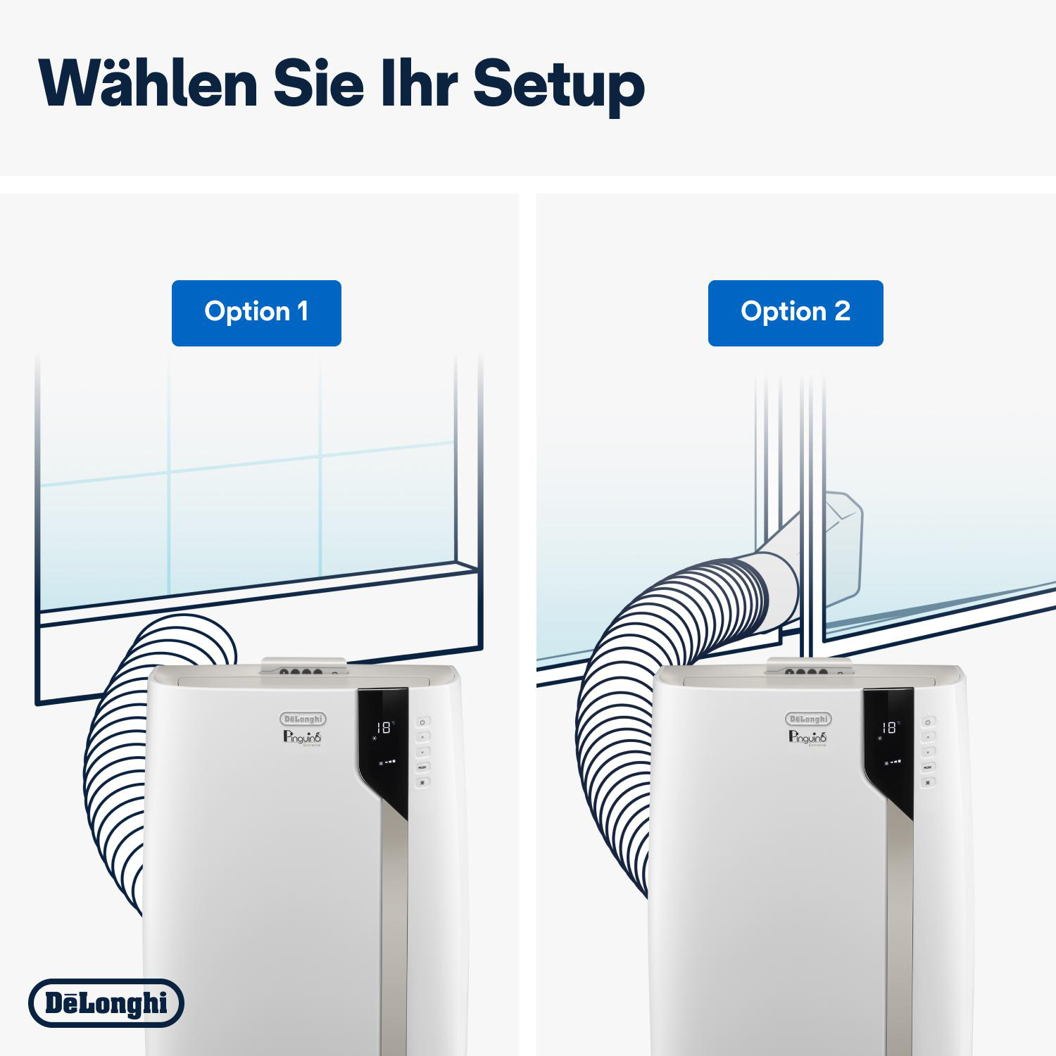 Zwei Optionen zur Einrichtung eines Delonghi-Klimageräts mit Schläuchen.