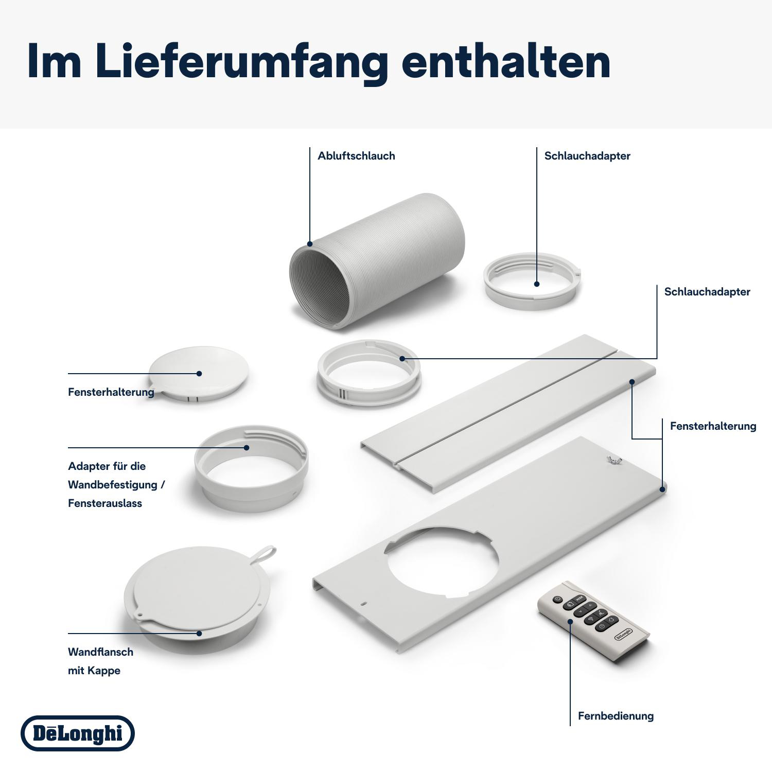 Komponenten einer Klimaanlage, einschließlich Schlauch, Adapter und Fernbedienung.