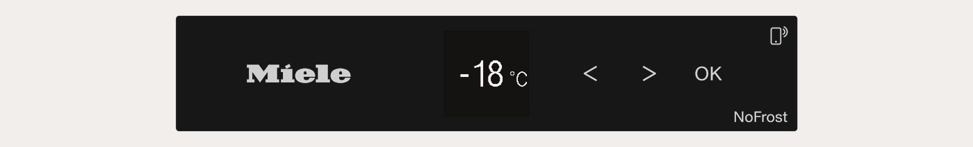 Miele Bedienfeld mit -18°C, Pfeilen und OK, mit NoFrost-Etikett.