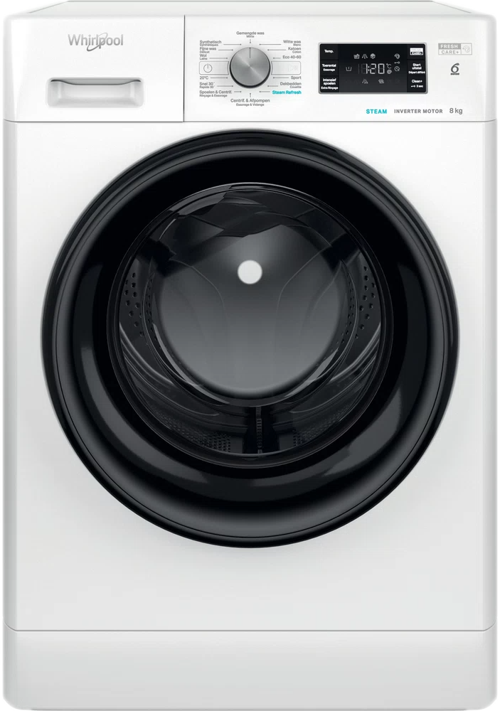 Witte Whirlpool wasmachine met een zwarte deur en bedieningspaneel. Voorzien van een digitale display en knoppen.
