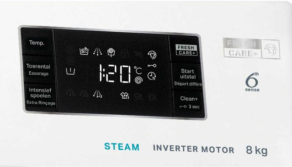 Wasmachine bedieningspaneel. Display toont 1:20, met diverse wascyclus-iconen. Witte achtergrond.