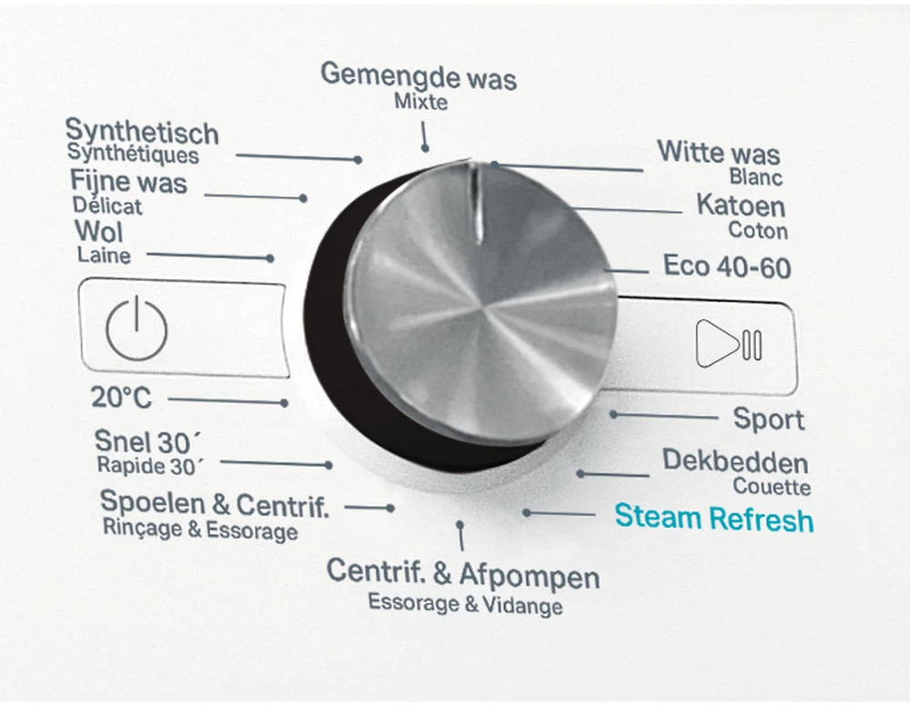 Wasmachine bedieningspaneel met een draaiknop en tekst in meerdere talen.