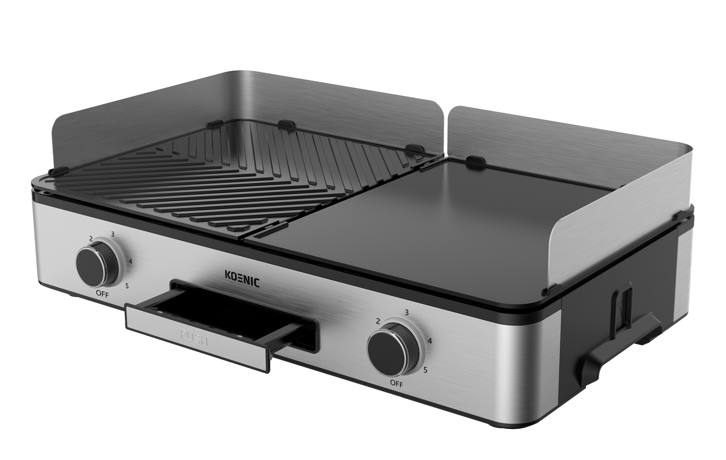 Koenic Elektrogrill mit zwei Kochflächen. Silber und schwarz. Zwei Drehknöpfe. Weißer Hintergrund.