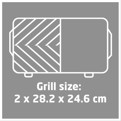 Eine Umrisszeichnung eines Grills mit Abmessungen und einem Etikett, das die Grillgröße anzeigt.