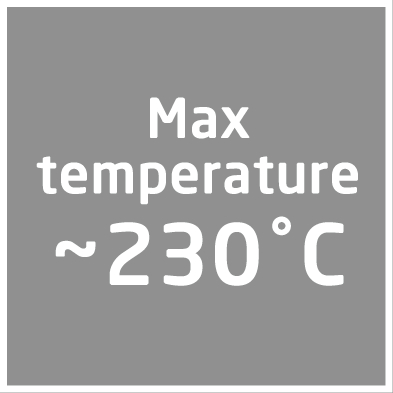 Text auf grauem Quadrat: Max. Temperatur ~230°C, in weißer Schrift. Einfach, klar und informativ.