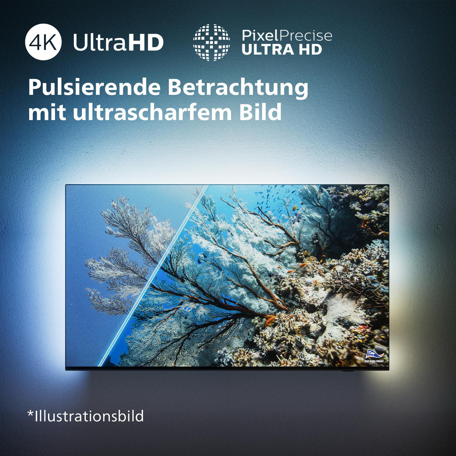 Ein Philips TV-Bildschirm, der eine lebendige Unterwasserszene mit Text, 4K Ultra HD zeigt.