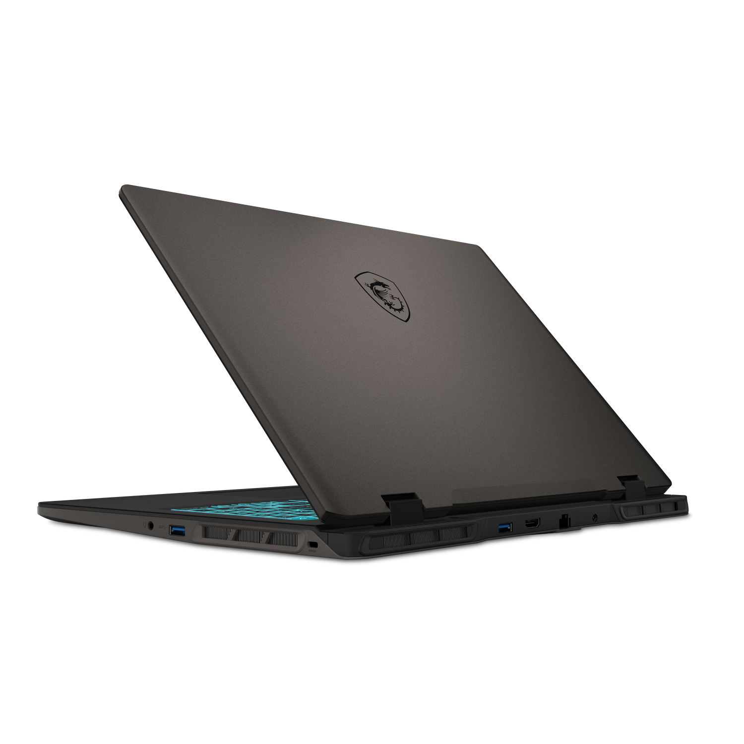 Portátil gris oscuro, parcialmente abierto. El logotipo es visible. El teclado tiene luces azules.