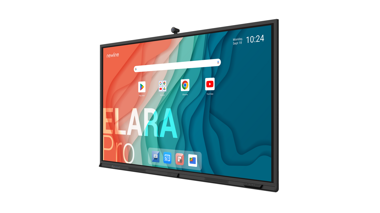 Pantalla Newline ELARA Pro sobre fondo negro mostrando iconos de aplicaciones.