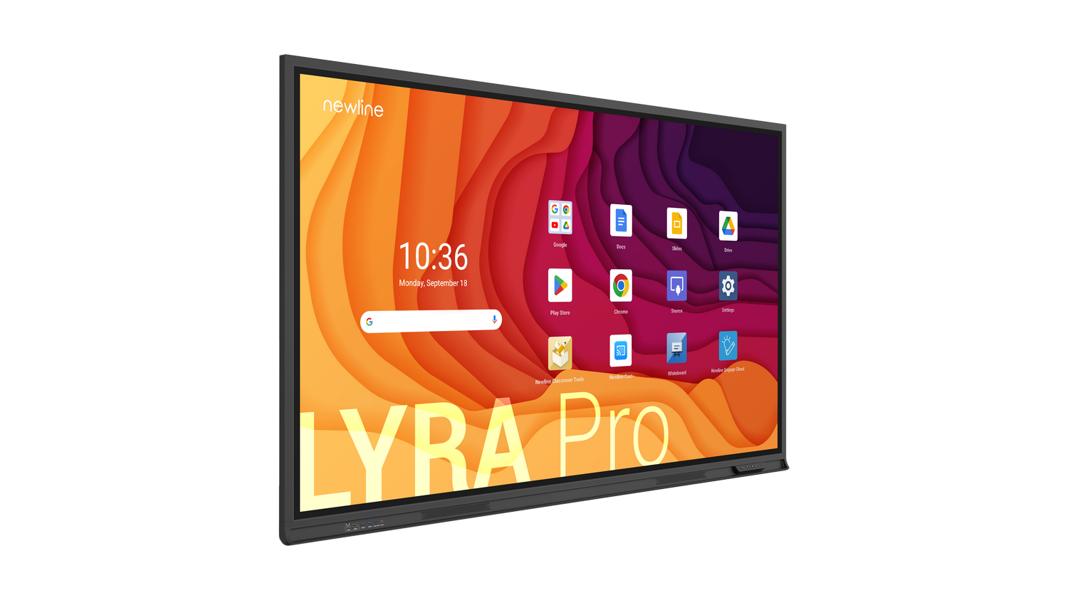 Pizarra interactiva mostrando una pantalla de inicio con iconos y logo.