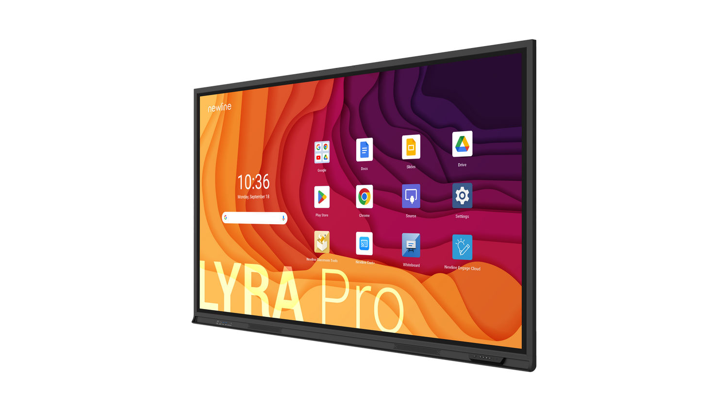 Pantalla interactiva Newline LYRA Pro. Muestra iconos de aplicaciones sobre un fondo multicolor, marco negro.