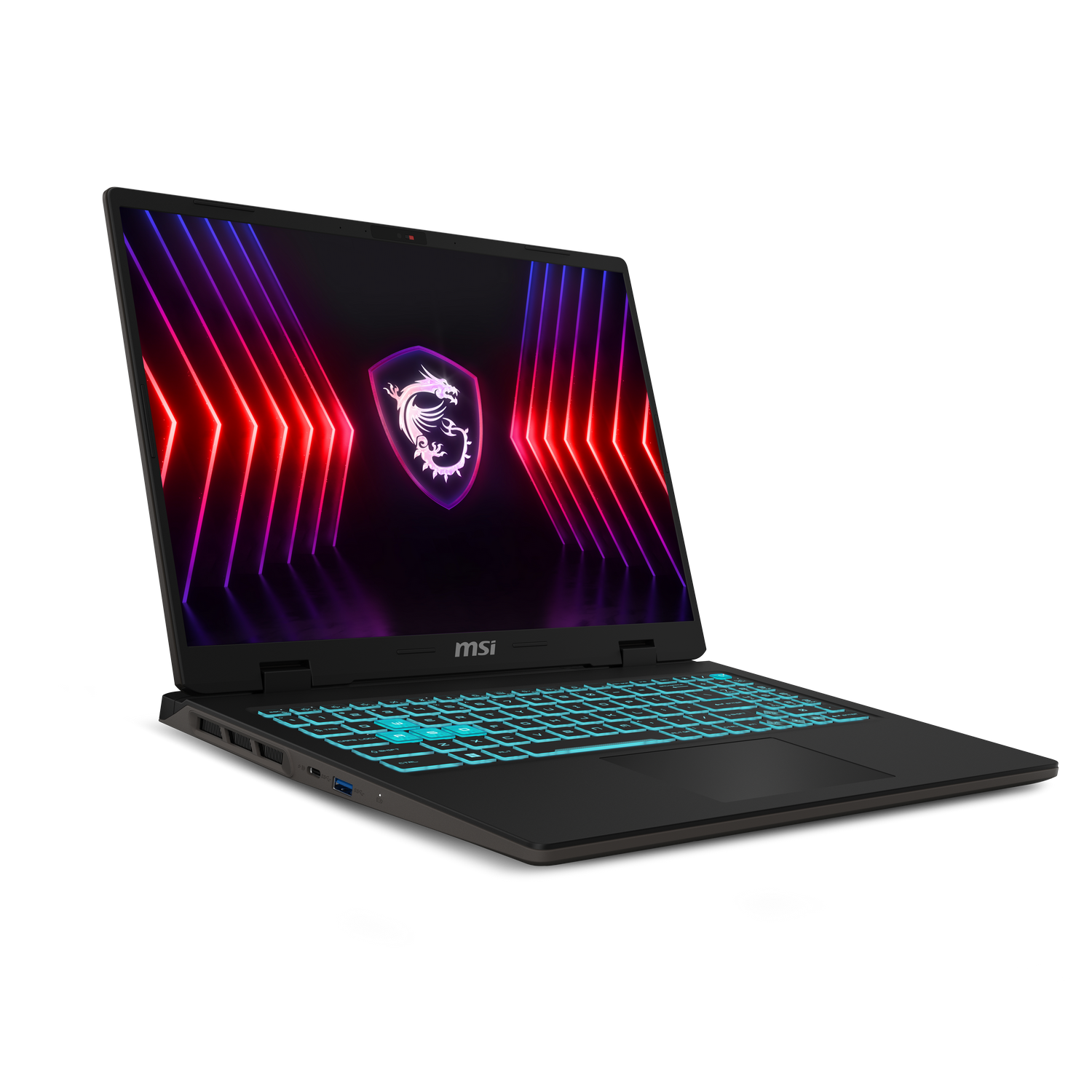 Portátil para juegos MSI con teclado y pantalla iluminados. La pantalla está oscura.