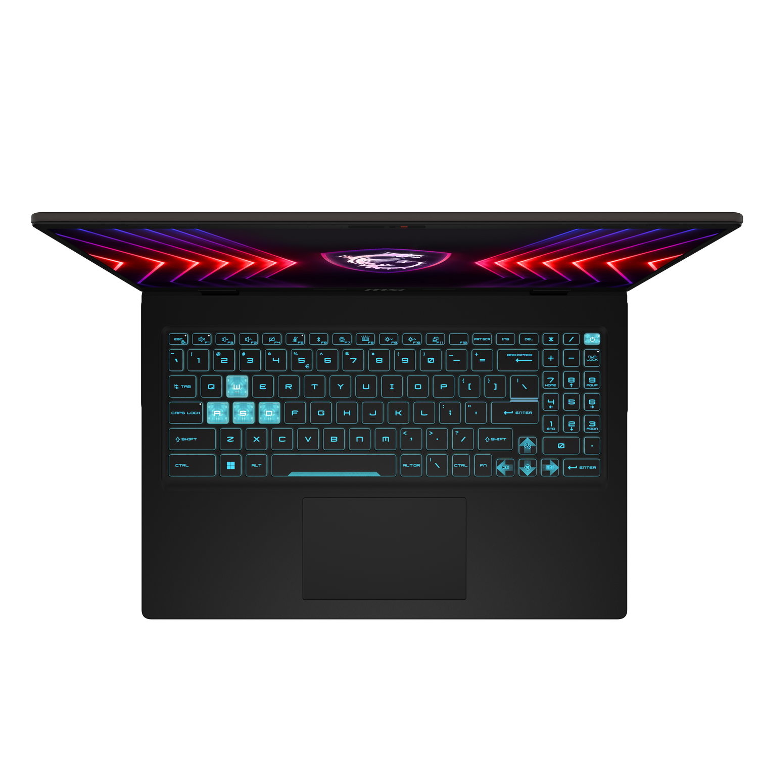 Portátil MSI abierto sobre una mesa. Teclado visible con teclas iluminadas, pantalla mostrando gráficos rojos.