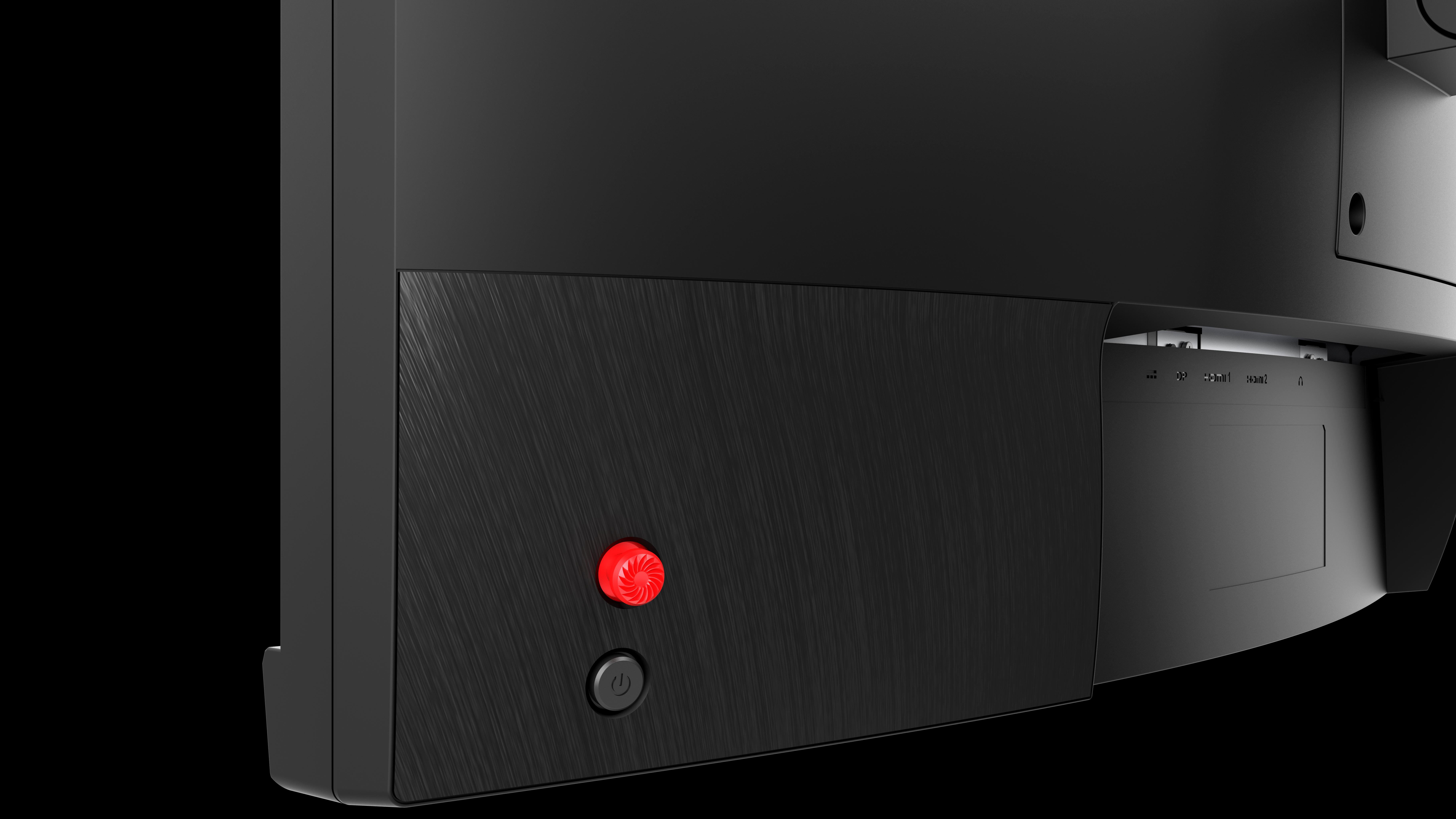 Nahaufnahme der Rückseite eines schwarzen Computermonitors mit Tasten und Anschlüssen. Schwarzer Hintergrund.