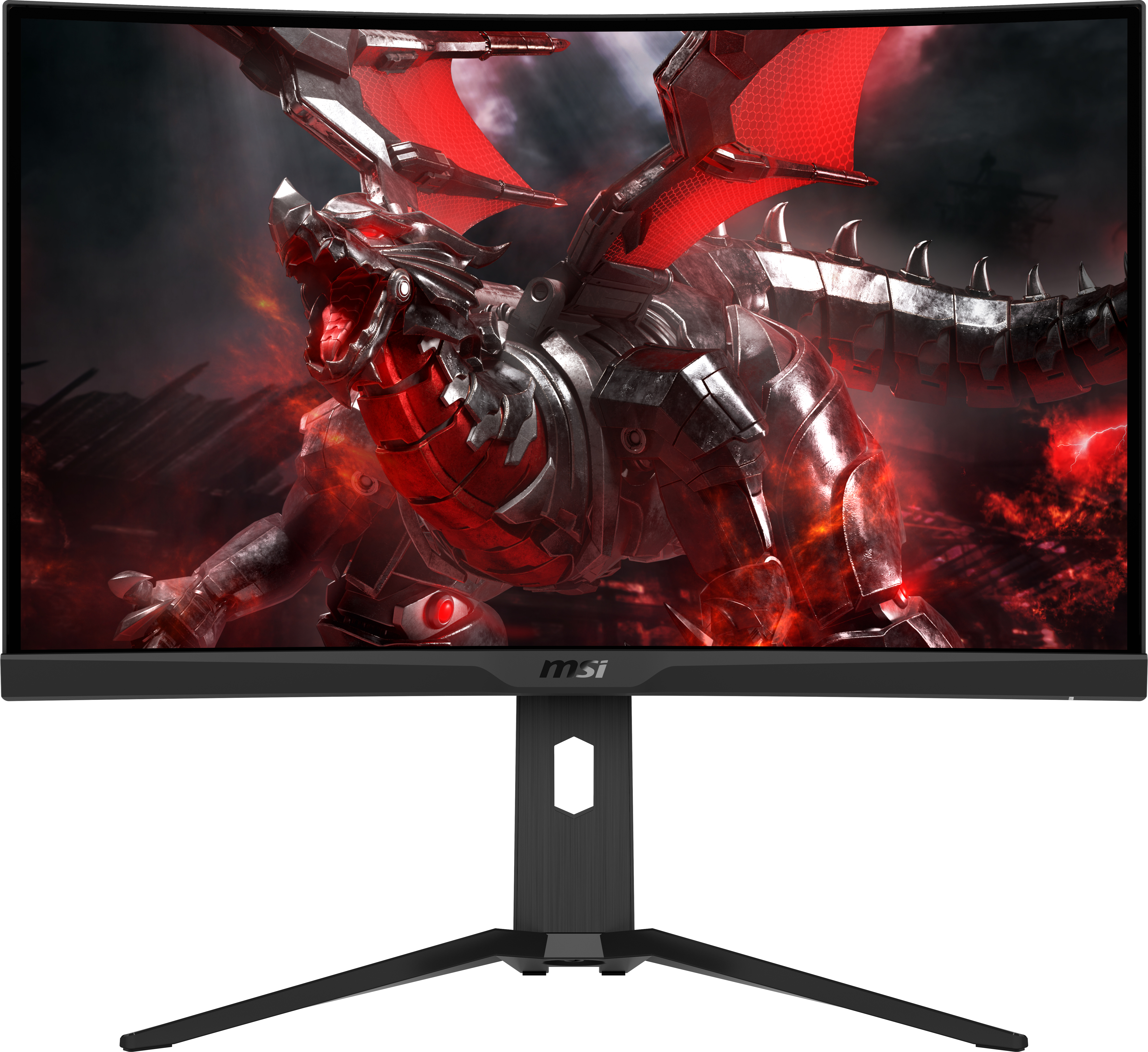 MSI Gaming-Monitor mit einem Drachen in feuriger Umgebung. Der Monitor hat einen gewölbten Bildschirm und einen schwarzen Standfuß.